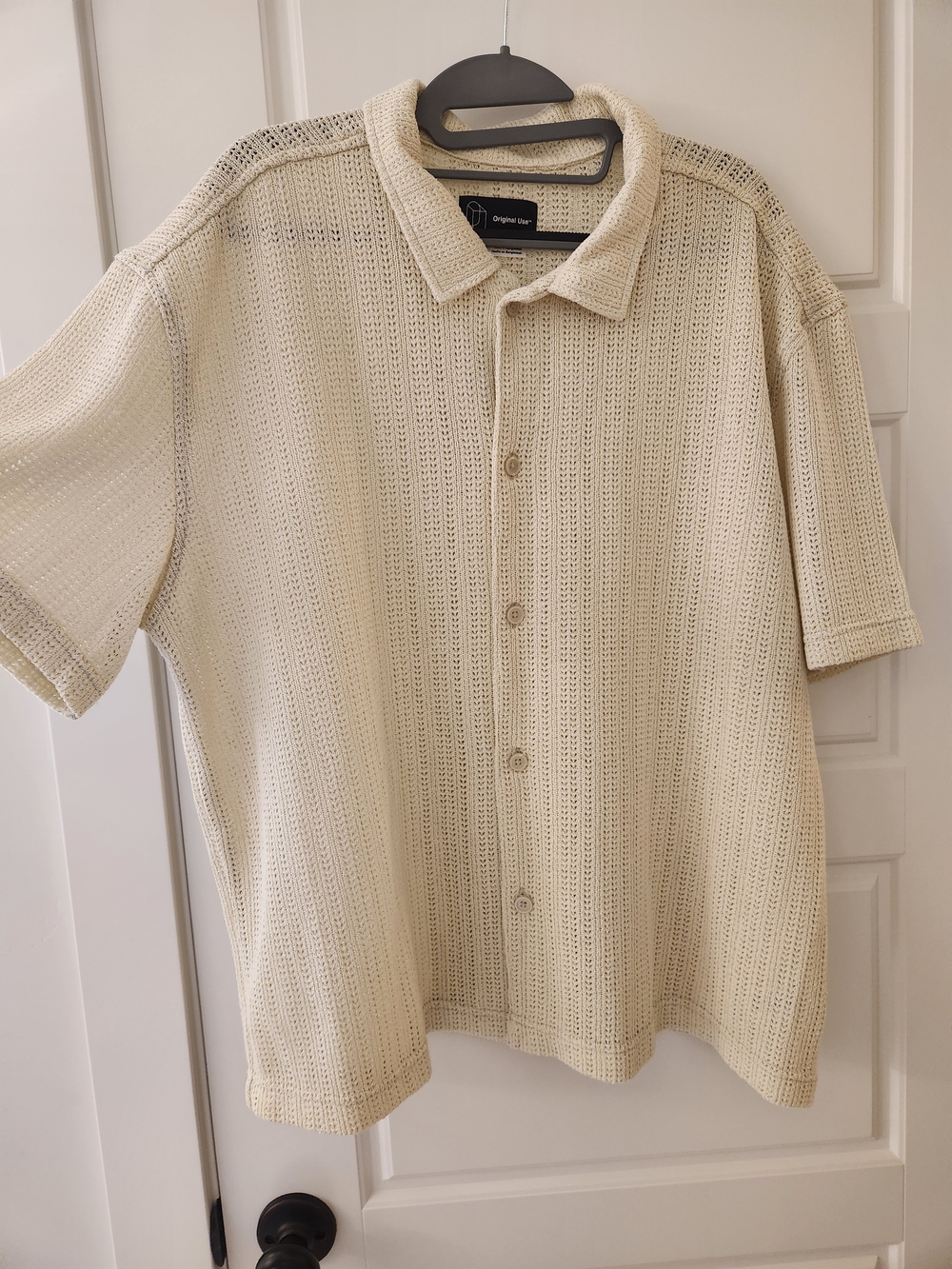 Original Use Cream Knit Short-Sleeve Button-Down Shirt